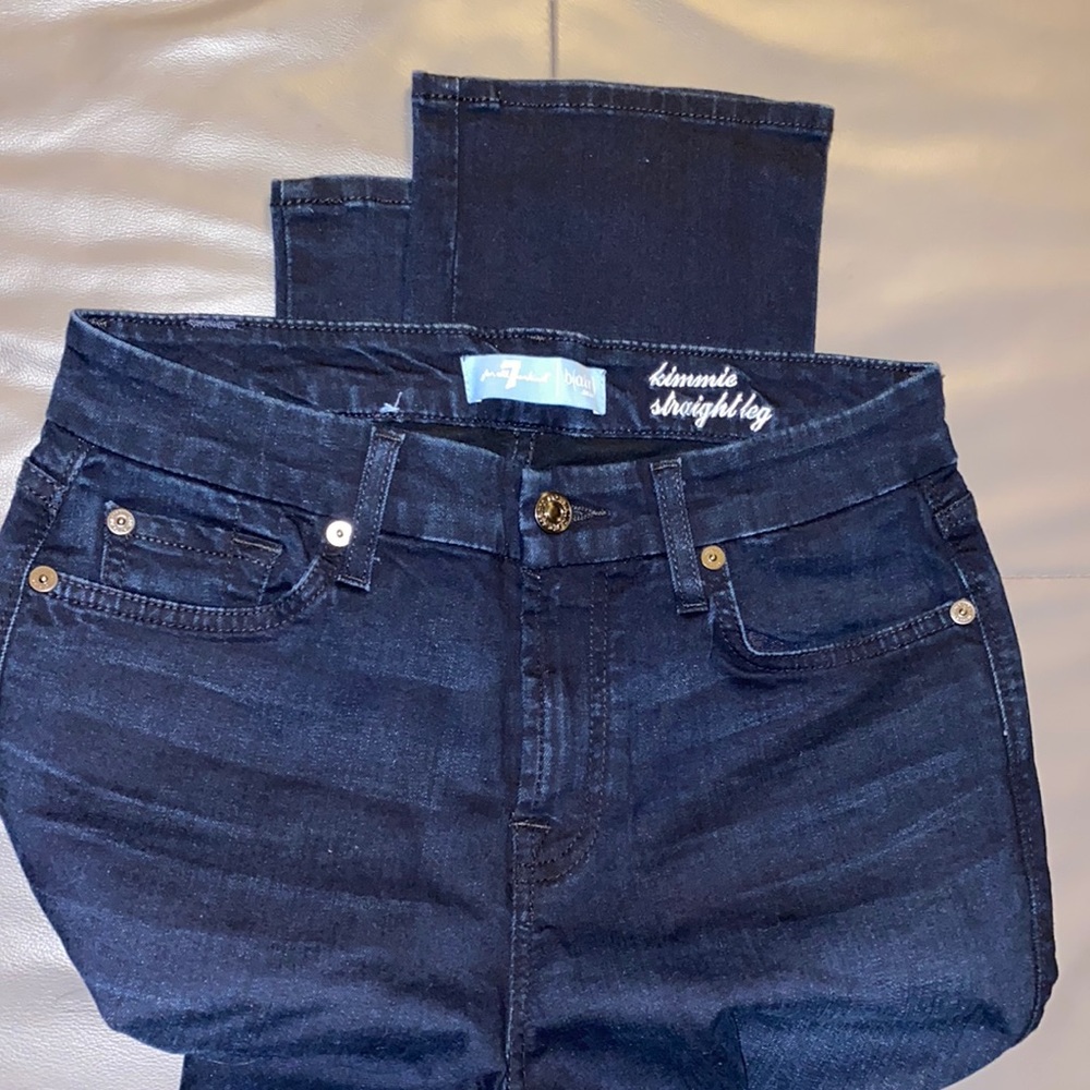 7 for all mankind dark b(air) denim straight leg jeans long length